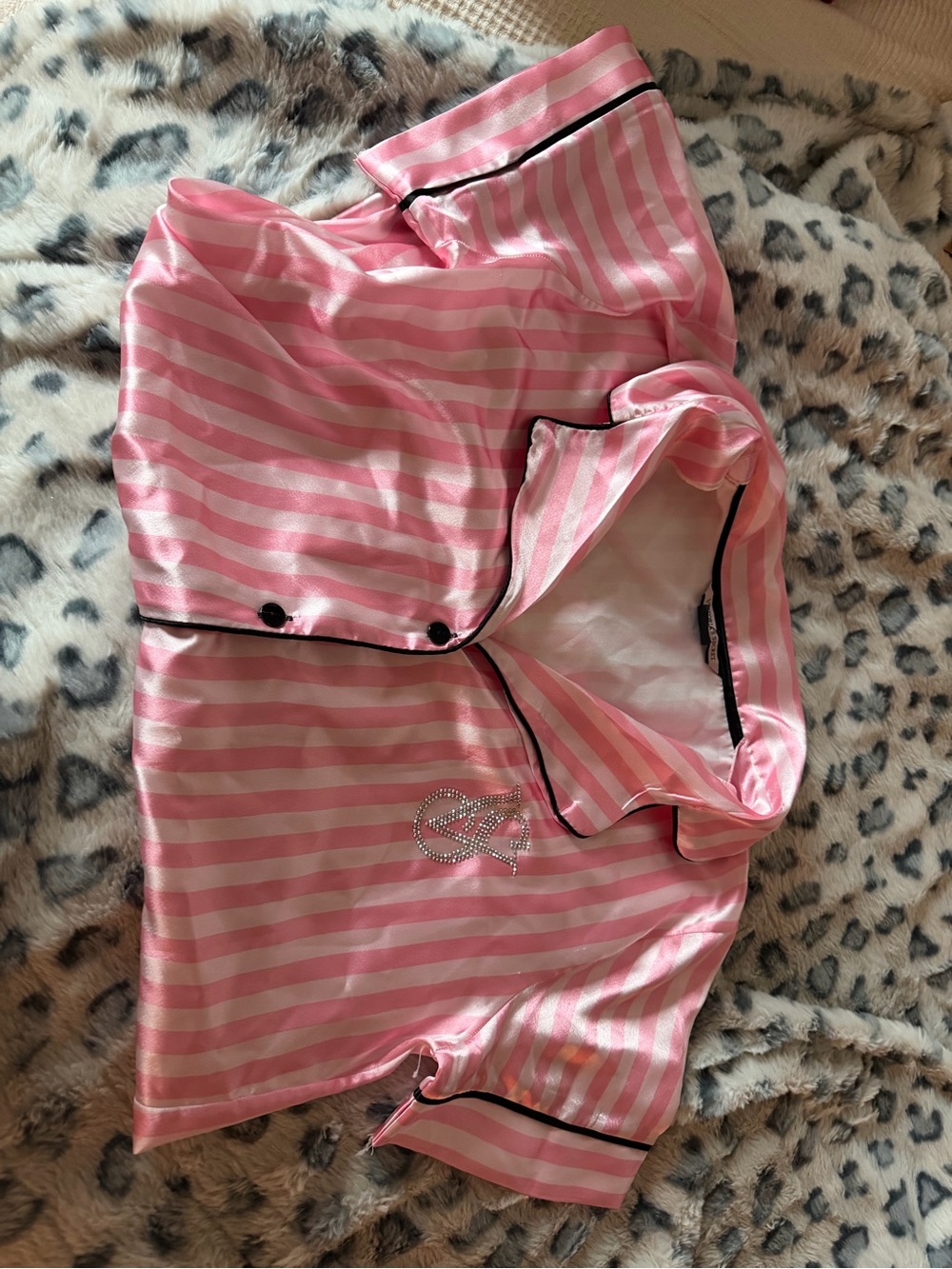 Victoria's Secret Pink & White Striped Short PJ Top with Rhinestone Logo